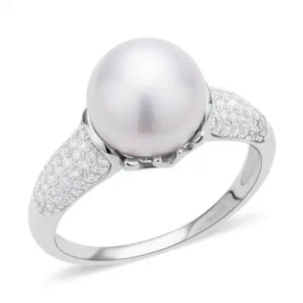 White Freshwater Pearl and Simulated Diamond Ring Rhodium O/ SterlingSilver